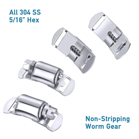 Stainless steel hose clamp fasteners, 4-piece set, 5/16 hex, 304 SS, worm-drive, non-stripping gear, front view