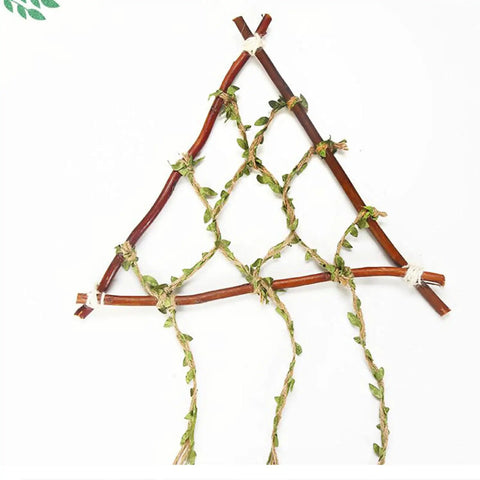 Natural Green Leaf Jute Twine Rope 2mm 3-Ply, 33 Feet Heavy Duty Hemp String for hanging decor forming a rustic triangular hanger.