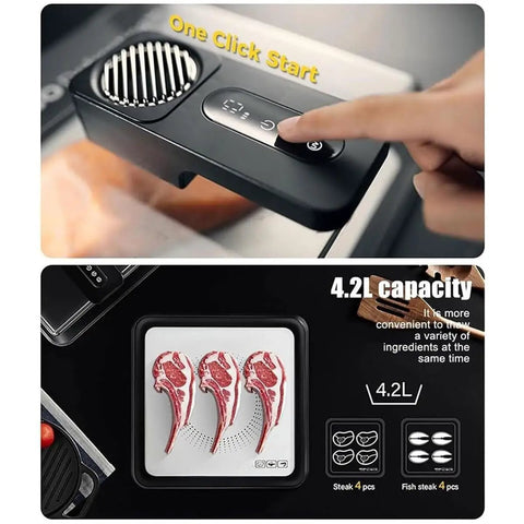 Electric Smart Defrosting Tray With Clear Visual Lid And Usb Power For Lightning Fast Meat Thawing High Conductivity Aluminum Base quick 4.2L capacity with steaks.