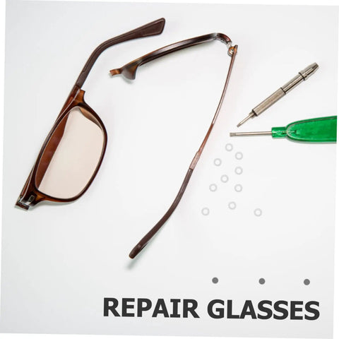 200 Piece Eyeglass Gaskets And Washers Set For Metal Rimless Frames Quick Spectacle Repairs with half-rim glasses and tools on table