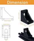 Diagram and dimensions of 12 Pack 2020 Aluminum Extrusion Corner Brackets In Black With 24 Sliding T Nuts And Screws 90 Degree Connectors