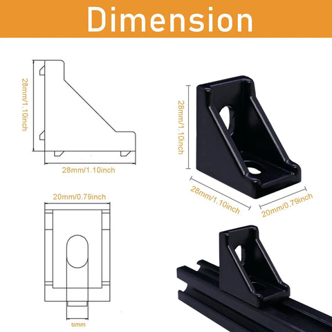 Diagram and dimensions of 12 Pack 2020 Aluminum Extrusion Corner Brackets In Black With 24 Sliding T Nuts And Screws 90 Degree Connectors