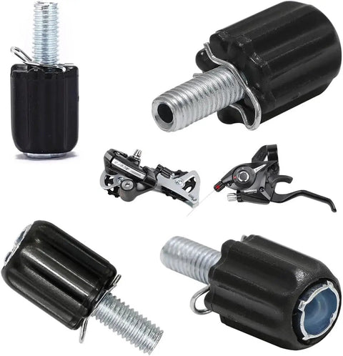 6 Pack M5 Rear Derailleur Barrel Adjusters for Precise Cable Tension shown in black steel and plastic construction.