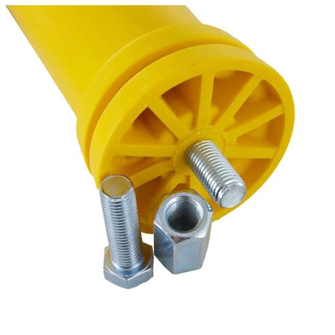 Close-up of Real Deal Removable Safety Bollard 34.5 Inch Reflective Yellow Traffic Post base and hardware for easy installation.