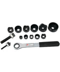 Heavy Duty Mechanical Slug Out And Ratchet Wrench Kit, 1/2 To 2 Inch Conduit Punch Set With Dies And Drives, 10 AWG Mild Steel Rated, Hella Tough Rig Gear For Tradesmen In Black - Complete tool set with wrench and various sizes of dies.