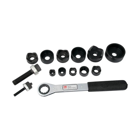 Heavy Duty Mechanical Slug Out And Ratchet Wrench Kit, 1/2 To 2 Inch Conduit Punch Set With Dies And Drives, 10 AWG Mild Steel Rated, Hella Tough Rig Gear For Tradesmen In Black - Complete tool set with wrench and various sizes of dies.