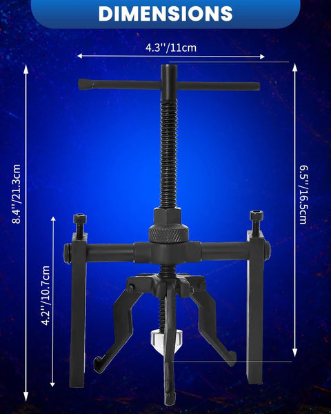 Three Jaw Inner Bearing Puller for Cars, Motorcycles, and SUVs, dimensions highlighted, built tough carbon steel.