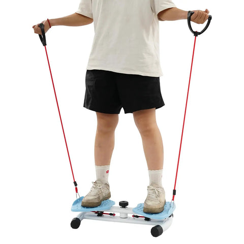 Person using Waist Twisting Board with Elastic Bands and Dual Pedals for Core Burn, Durable PP and Iron Build, Stable T Base