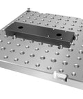Heavy Duty 6061 Aluminum Tooling Plate 10X10 Inch Anodized CNC Jig Fixture Plate showing tapped holes and mounting bolts.