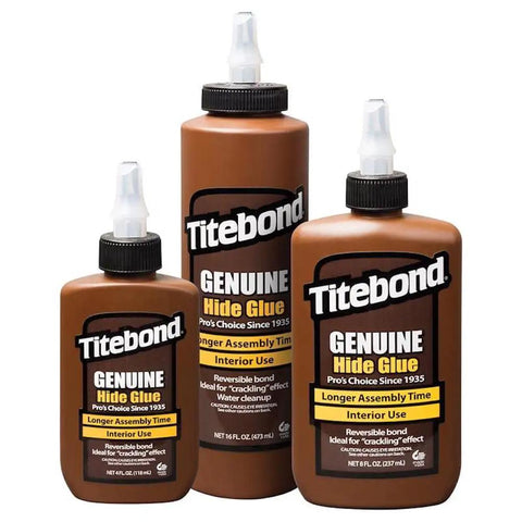 Top Tier Liquid Hide Glue For Fine Woodworking And Furniture Restoration Quick Setting Reversible Adhesive 8 Ounce Bottle display with 4, 8, and 16 ounce bottles.