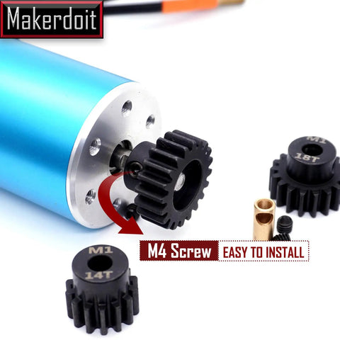 Pinion Gear Set 5mm 14T 16T 18T 20T 22T For 5mm Shaft Fits RC Cars Upgrade Your Ride Boost Speed Safely And Manage Heat With Multiple Teeth Options Today, image showing M1 14T and other pinions next to motor.