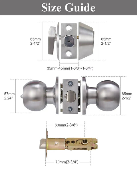 Size guide for two sets all keyed alike entry door knob and deadbolt combo, satin nickel round ball exterior door knobs with locks
