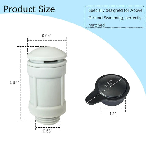 Air Jet Valve And Cap Replacement For Above Ground Pools with precise fit dimensions shown in inches, gray and black components