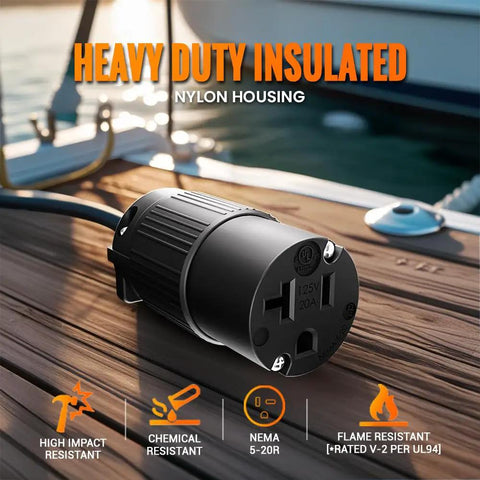 Heavy Duty NEMA 5-20R Plug End Replacement Kit For Extension Cords, 20A 2500W At 120-125V on wooden dock with features.