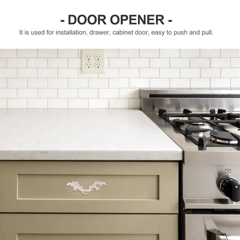European Style Vintage Cabinet Pull Handles Set, Ivory White Zinc Alloy Drawer And Wardrobe Door Pulls, shown on kitchen cabinet