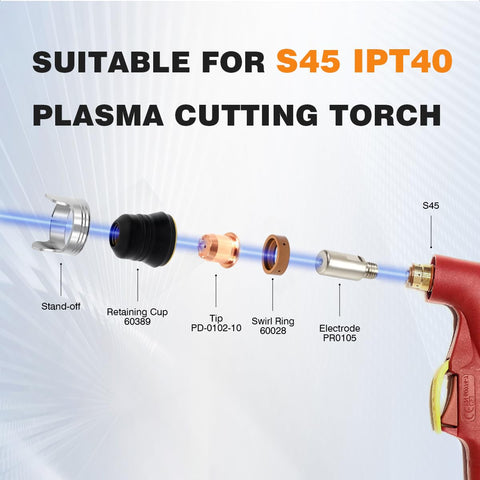 Complete 24 Piece Plasma Cutter Consumables Set for S45 IPT40 showing parts and assembly for precise, smooth cuts, CUT 55DS compatible.