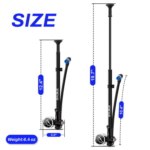 Beefed Up High Pressure Shock Pump With Gauge For Mountain Bikes Up To 400 PSI Fits Schrader Valve Front Fork And Rear Suspension Ideal For Downhill And Full Suspension MTB shown with measurements 12.4" and 19.7"
