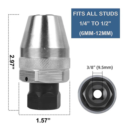 Damaged Bolt And Stud Extractor Tool For Three Eighths Inch Drive Heavy Duty Fits One Quarter To One Half Inch Studs, chrome finish