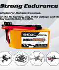 Image of 4S 850mAh 70C LiPo Battery 14.8V with XT30U Connector for RC airplanes, helicopters, quadcopters, and FPV racing drones.