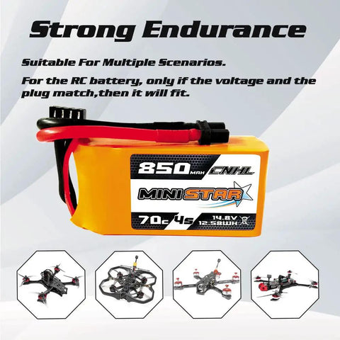 Image of 4S 850mAh 70C LiPo Battery 14.8V with XT30U Connector for RC airplanes, helicopters, quadcopters, and FPV racing drones.
