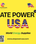 ATE POWER USA logo on yellow background featuring American flag, promoting energy supplies.