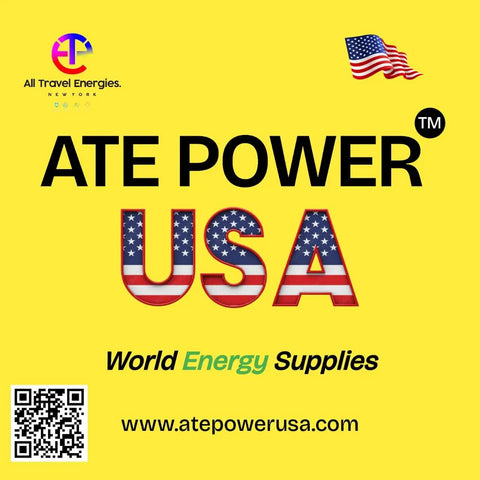 ATE POWER USA logo on yellow background featuring American flag, promoting energy supplies.