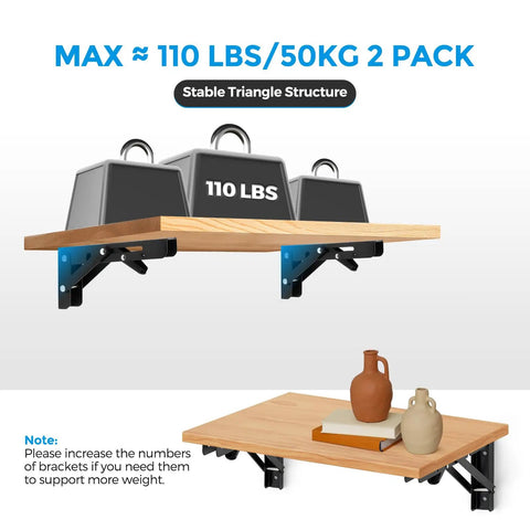 Super Sturdy Matte Black Folding Shelf Brackets To Clear Your Clutter Fast These Compact Fold Down Wall Mount Supports Rock In Tight Spots Perfect For Garages Shops Or Kitchens Zero Sweat Two Pack displaying black shelf brackets supporting a wooden shelf with weights.