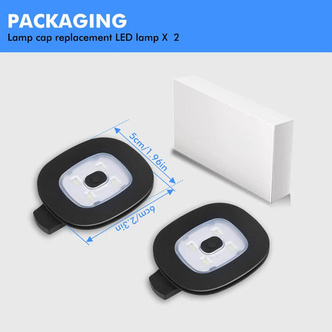 Led Light For Knit Beanie Hat With Hands Free Headlamp Rechargeable Battery Three Brightness Modes Plus Lit White Red And Blue Flashing Fits Most Hats Safe Night Run Hiking Camping showing two replacement LED lamps and packaging.