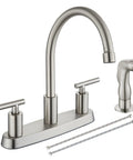 Heavy Duty Two Handle Kitchen Faucet With Pull Down Sprayer And Four Hole Deck Mount In Sleek Brushed Nickel Finish, 7.28 inches, stainless steel, kitchen use.
