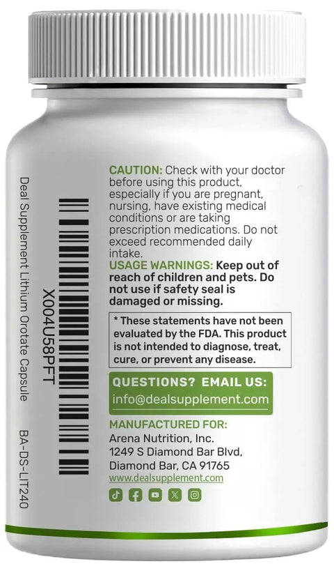 Back label of Low Dose 5mg Lithium Orotate Capsules For Gentle Absorption And Big Bioavailability, 240 count bottle.