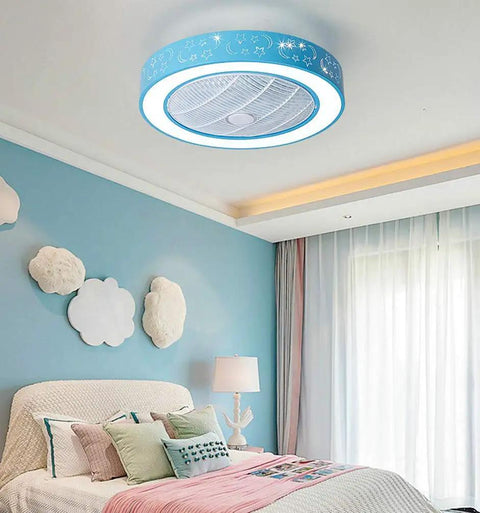 20.5 Inch Drum LED Ceiling Fan Light With 7 Blades Blue For Kid's Room, Modern Acrylic Flush Mount in a child's bedroom.