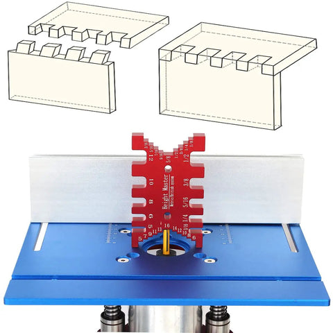 Heavy Duty Aluminum Dovetail Jig And Tenon Caliper Card Gauge For Woodworking Projects on blue router table with precision measurements.
