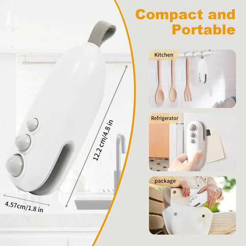 Compact white 2 In 1 Heat Sealer And Cutter For Snack Bags in kitchen and package use, showing dimensions 12.2cm x 4.57cm.