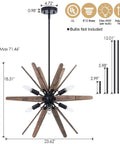 Six Light Sputnik Pendant Light in Black with Wood Accents with measurements for dining room or kitchen.