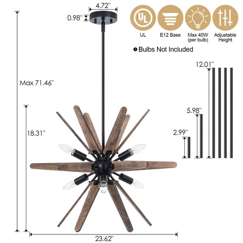 Six Light Sputnik Pendant Light in Black with Wood Accents with measurements for dining room or kitchen.