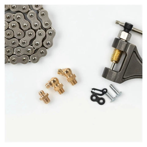 9Pcs Grease Fittings Assortment Kit for Automotive Use with brass nipples and chain tool on a white background