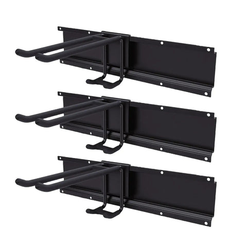 Beefy Garage Wall Storage Kit With 3 Heavy Alloy Steel Rails 3 Shelves and 6 Hooks for Tools and Garden Gear, mounted rails with hooks