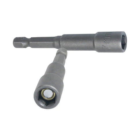 Heavy Duty 7Mm Hex Shank Magnetic Nut Driver 2 Piece Chrome Vanadium Socket Set For Power Drills, showing two angled magnetic sockets.
