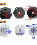 Ride On Car Upgrade Kit 6 Piece Tire Adapters And Steering Coupler Set showing dimensions for Type C and Type D parts.