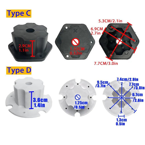 Ride On Car Upgrade Kit 6 Piece Tire Adapters And Steering Coupler Set showing dimensions for Type C and Type D parts.