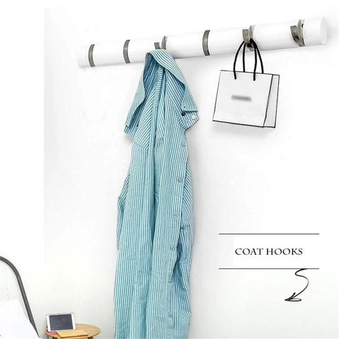 Built Tough Eight Hook Wall Mounted Coat Rack Featuring Rustproof Steel Fold Down Design for easy storage of a shirt and bag.