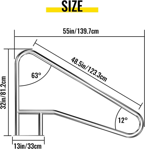 Heavy Duty Stainless Steel Pool Handrail 55 X 32 Inch setup with dimensions 55in high and 32in tall for poolside safety.