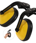 Kickass Heavy Duty Construction Hard Hat With Integrated Noise Cancelling Ear Muffs For Industrial Work Sites And Adjustable Hearing Protection, yellow earmuffs detail.