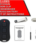 2 Pack 3 Button Universal Garage Door Opener Remote With Learn Button Colors Purple Yellow Red Orange Green Works With LiftMaster Chamberlain Craftsman Sears Raynor AccessMaster Visor Clip Or Mini Keychain shown with keychain, visor clip, screwdriver, battery, and manual