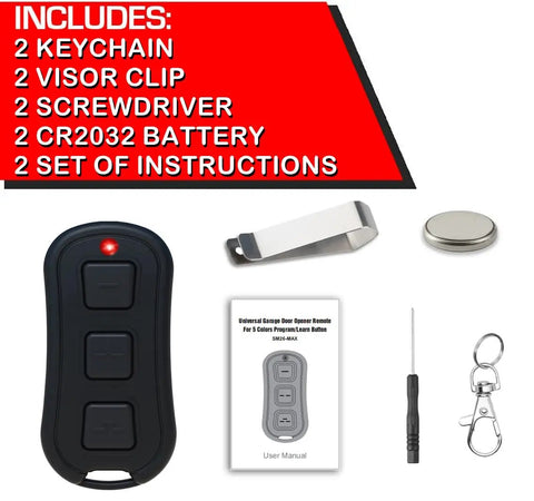 2 Pack 3 Button Universal Garage Door Opener Remote With Learn Button Colors Purple Yellow Red Orange Green Works With LiftMaster Chamberlain Craftsman Sears Raynor AccessMaster Visor Clip Or Mini Keychain shown with keychain, visor clip, screwdriver, battery, and manual