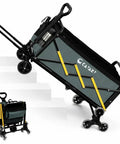 Foldable Stair Climbing Cart With Triangular Wheels For Groceries And Laundry on stairs, black frame, telescoping handle.