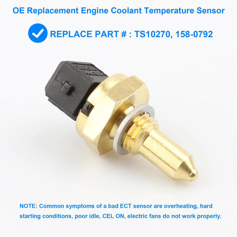 Side view of brass coolant temperature sensor with black plastic connector.