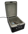 Open view of Sturdy Steel Safe Box With 3 Digit Combination Lock And Security Cable Black Compact 20 x 15 x 6 Cm showing interior lining.