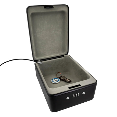 Open view of Sturdy Steel Safe Box With 3 Digit Combination Lock And Security Cable Black Compact 20 x 15 x 6 Cm showing interior lining.