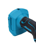 Close-up of Dual Threat Mini Cordless Circular Saw and Angle Grinder with Brushless Motor handles, showcasing the blue outer casing.